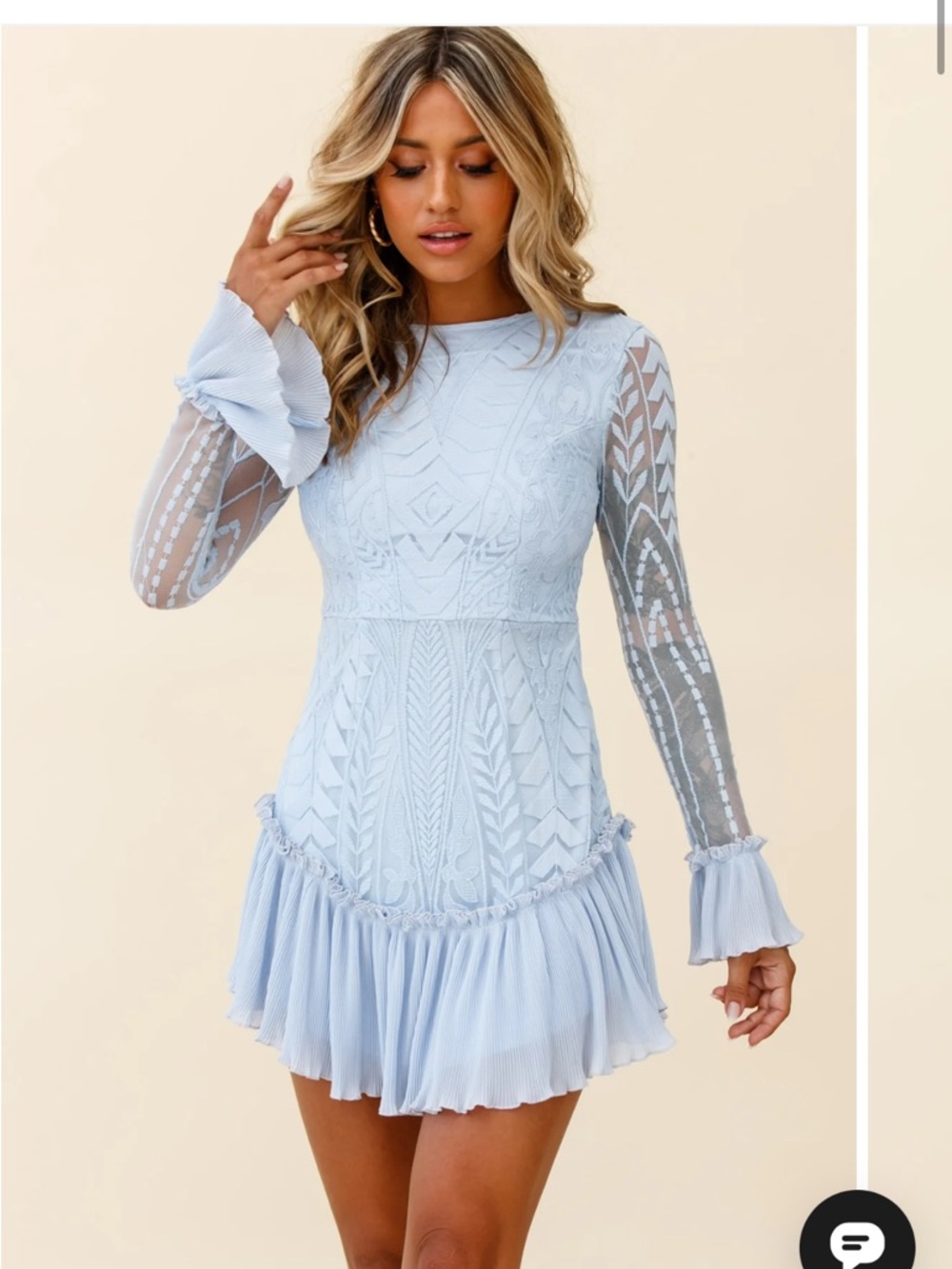Delicate Pale Blue Lace Pleated Mini Dress